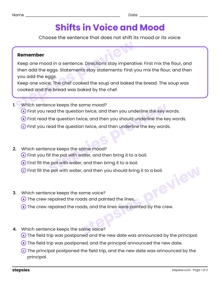 Shifts in Voice and Mood, a free printable worksheet from Stepsies (Grade 8 Language · Level 6)
