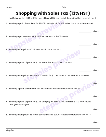 Shopping with Sales Tax (13% HST), a free printable worksheet from Stepsies (Grade 5 Math)