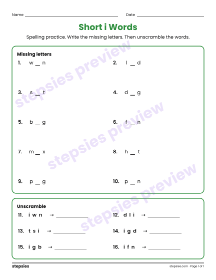 Short i Words: Spelling Practice, a free printable worksheet from Stepsies (Grade 1 Language · Level 2)