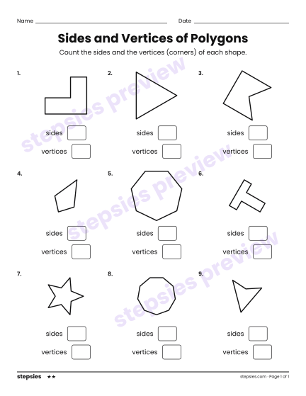 Sides and Vertices of Polygons, a free printable worksheet from Stepsies (Grade 2 Math · Level 2)