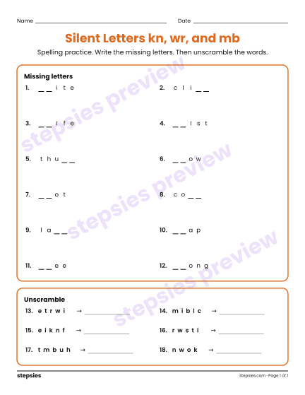 Silent Letters kn, wr, and mb: Spelling Practice, a free printable worksheet from Stepsies (Grade 3 Language · Level 2)