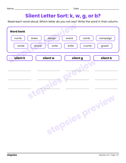 Silent Letter Sort: k, w, g, or b?, a free printable worksheet from Stepsies (Grades 2–3 Language · Level 2)
