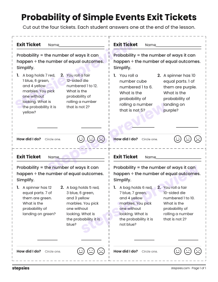Probability of Simple Events Exit Tickets, a free printable worksheet from Stepsies (Grade 7 Math · Level 1)