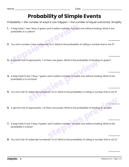 Probability of Simple Events, a free printable worksheet from Stepsies (Grade 7 Math · Level 1)