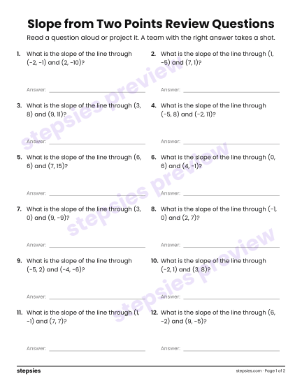 Slope from Two Points: Trashketball Review Questions, a free printable worksheet from Stepsies (Grade 8 Math)