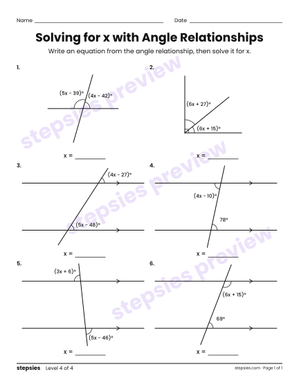 Solving for x with Angle Relationships, a free printable worksheet from Stepsies (Grades 7–8 Math · Level 4)