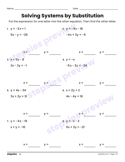 Solving Systems by Substitution, a free printable worksheet from Stepsies (Grade 8 Math · Level 1)