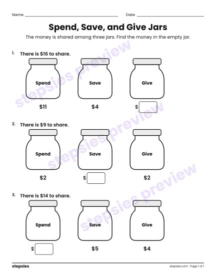 Spend, Save, and Give Jars, a free printable worksheet from Stepsies (Grades 1–2 Math)