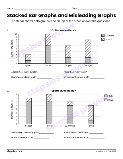 Stacked Bar Graphs and Misleading Graphs, a free printable worksheet from Stepsies (Grade 5 Math · Level 2)