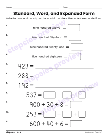 Standard, Word, and Expanded Form, a free printable worksheet from Stepsies (Grades 2–3 Math · Level 3)