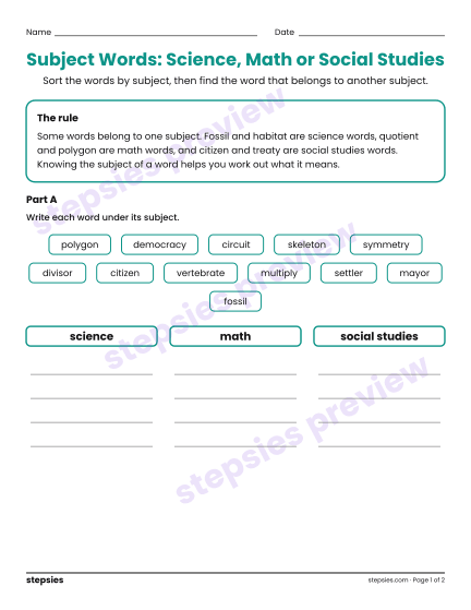 Subject Words: Science, Math or Social Studies, a free printable worksheet from Stepsies (Grade 4 Language · Level 1)