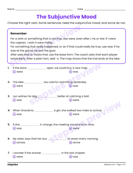 The Subjunctive Mood, a free printable worksheet from Stepsies (Grade 8 Language · Level 5)