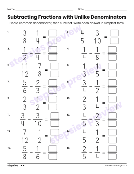 Subtracting Fractions with Unlike Denominators, a free printable worksheet from Stepsies (Grade 5 Math · Level 2)