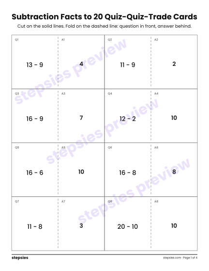 Subtraction Facts to 20: Quiz-Quiz-Trade Cards, a free printable worksheet from Stepsies (Grade 1 Math)