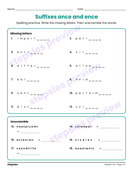 Suffixes ance and ence: Spelling Practice, a free printable worksheet from Stepsies (Grade 5 Language · Level 2)