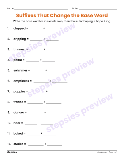 Suffixes That Change the Base Word, a free printable worksheet from Stepsies (Grades 3–4 Language · Level 3)