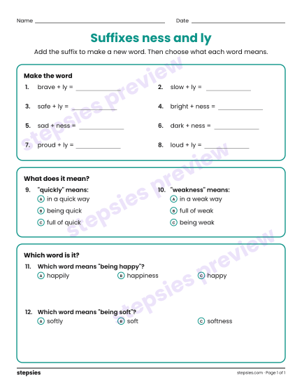 Suffixes ness and ly, a free printable worksheet from Stepsies (Grades 3–4 Language)