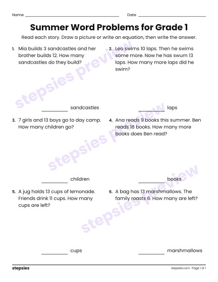 Summer Word Problems for Grade 1, a free printable worksheet from Stepsies (Grade 1 Math)
