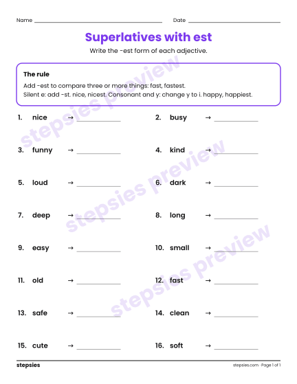 Superlatives with est, a free printable worksheet from Stepsies (Grades 2–3 Language)