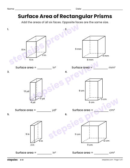Surface Area of Rectangular Prisms, a free printable worksheet from Stepsies (Grades 6–7 Math · Level 2)