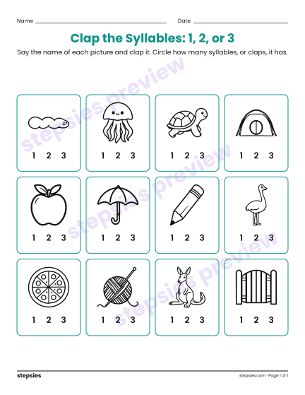 Clap the Syllables: 1, 2, or 3, a free printable worksheet from Stepsies (Grades 1–2 Language · Level 2)