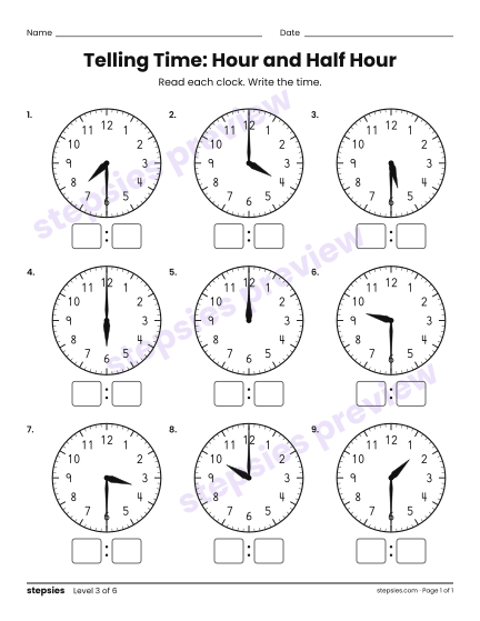 Telling Time: Hour and Half Hour, a free printable worksheet from Stepsies (Grade 1 Math · Level 3)