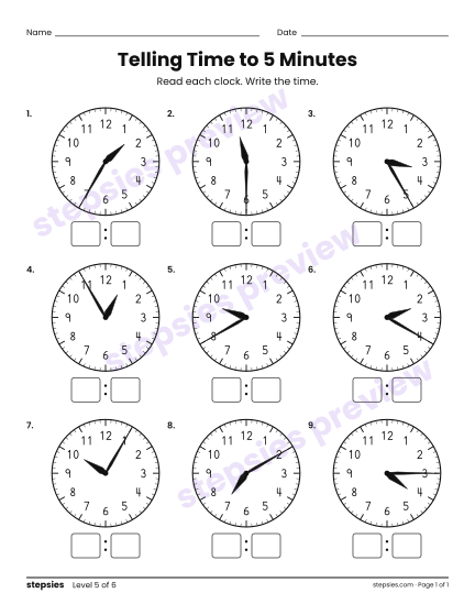 Telling Time to 5 Minutes, a free printable worksheet from Stepsies (Grades 2–3 Math · Level 5)