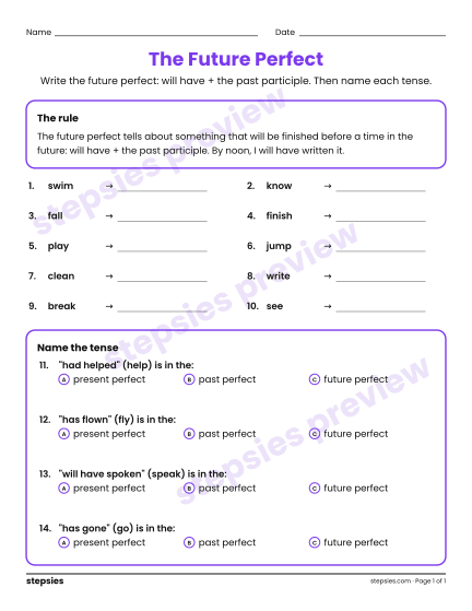 The Future Perfect, a free printable worksheet from Stepsies (Grade 5 Language)