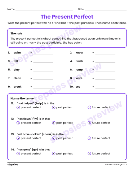 The Present Perfect, a free printable worksheet from Stepsies (Grade 5 Language)