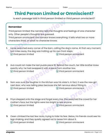 Third Person Limited or Omniscient?, a free printable worksheet from Stepsies (Grades 6–8 Language · Level 1)