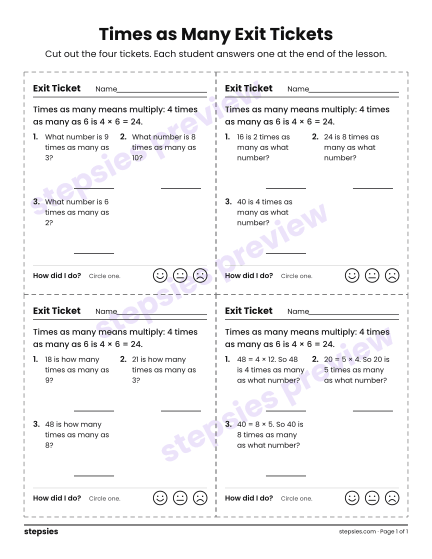 Times as Many Exit Tickets, a free printable worksheet from Stepsies (Grade 4 Math · Level 1)