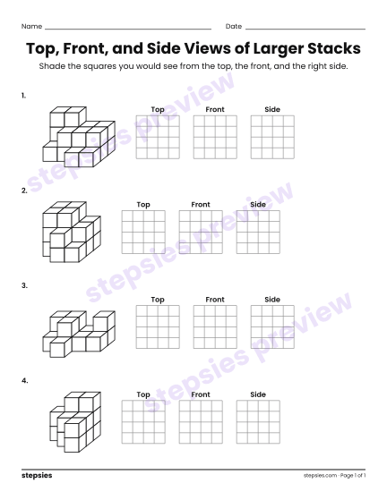 Top, Front, and Side Views of Larger Stacks, a free printable worksheet from Stepsies (Grade 7 Math)