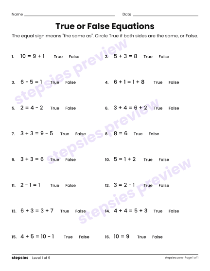 True or False Equations, a free printable worksheet from Stepsies (Grade 1 Math · Level 1)