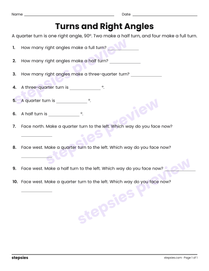 Turns and Right Angles, a free printable worksheet from Stepsies (Grades 3–4 Math)