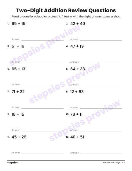 Two-Digit Addition: Trashketball Review Questions, a free printable worksheet from Stepsies (Grade 2 Math)