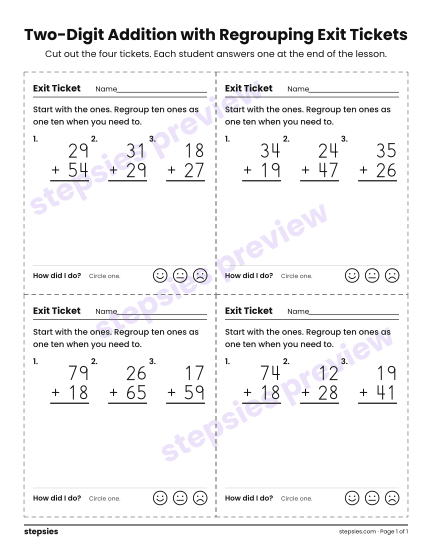 Two-Digit Addition with Regrouping Exit Tickets, a free printable worksheet from Stepsies (Grade 2 Math · Level 2)