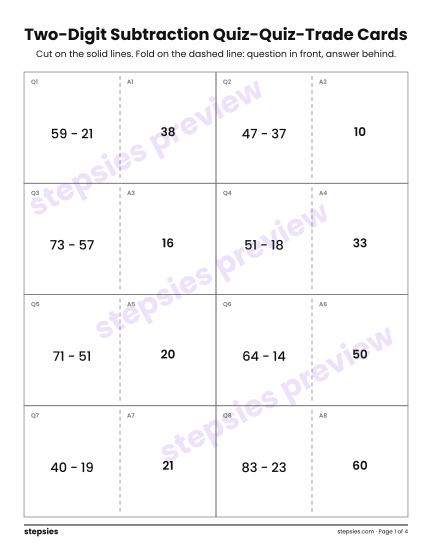 Two-Digit Subtraction: Quiz-Quiz-Trade Cards, a free printable worksheet from Stepsies (Grade 2 Math)