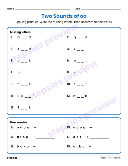Two Sounds of oo: Spelling Practice, a free printable worksheet from Stepsies (Grade 2 Language · Level 2)
