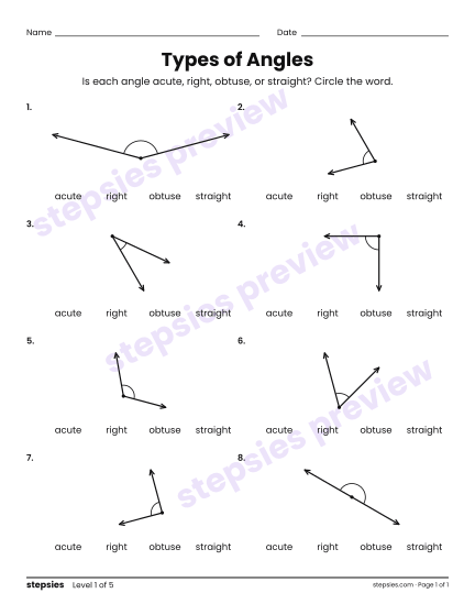 Types of Angles, a free printable worksheet from Stepsies (Grade 4 Math · Level 1)