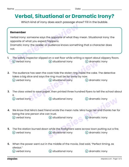 Verbal, Situational or Dramatic Irony?, a free printable worksheet from Stepsies (Grade 8 Language · Level 5)