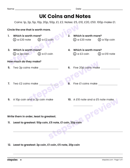 UK Coins and Notes, a free printable worksheet from Stepsies (Grade 1 Math · Level 1)