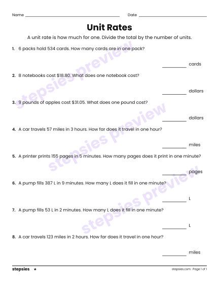 Unit Rates, a free printable worksheet from Stepsies (Grades 6–7 Math · Level 1)