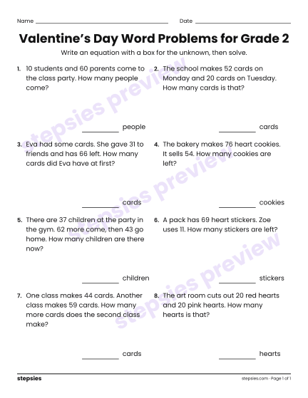 Valentine’s Day Word Problems for Grade 2, a free printable worksheet from Stepsies (Grade 2 Math)