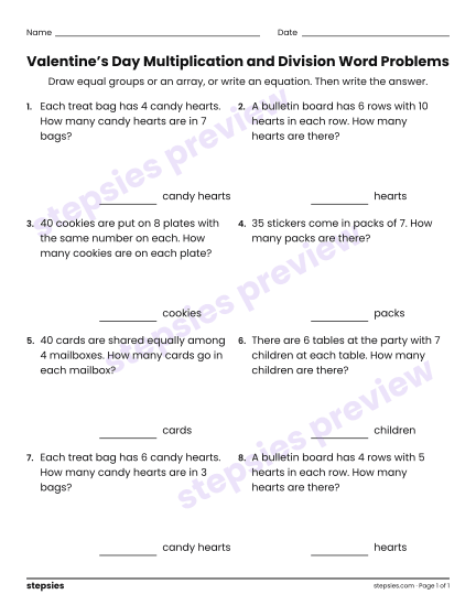 Valentine’s Day Multiplication and Division Word Problems, a free printable worksheet from Stepsies (Grade 3 Math)