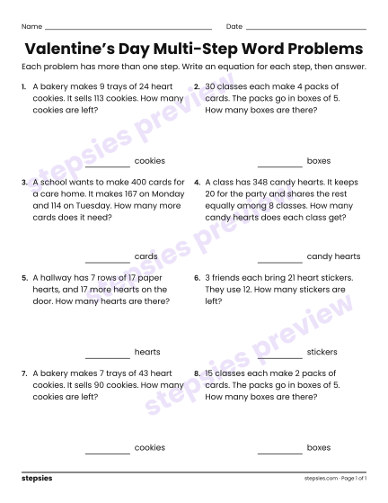 Valentine’s Day Multi-Step Word Problems, a free printable worksheet from Stepsies (Grade 4 Math)