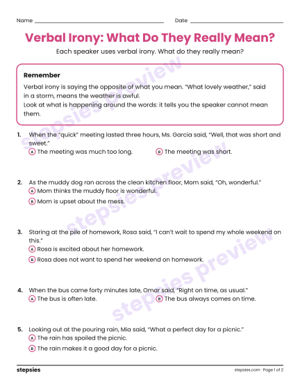 Verbal Irony: What Do They Really Mean?, a free printable worksheet from Stepsies (Grade 8 Language · Level 5)