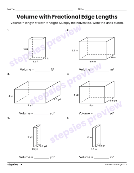 Volume with Fractional Edge Lengths, a free printable worksheet from Stepsies (Grade 6 Math · Level 1)