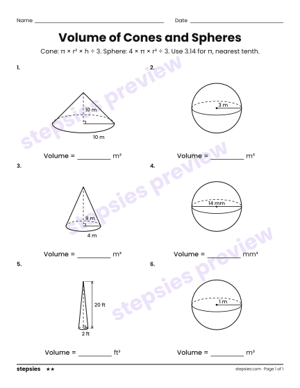 Volume of Cones and Spheres, a free printable worksheet from Stepsies (Grade 8 Math · Level 2)
