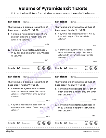 Volume of Pyramids Exit Tickets, a free printable worksheet from Stepsies (Grade 7 Math)
