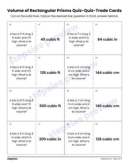Volume of Rectangular Prisms: Quiz-Quiz-Trade Cards, a free printable worksheet from Stepsies (Grade 5 Math)